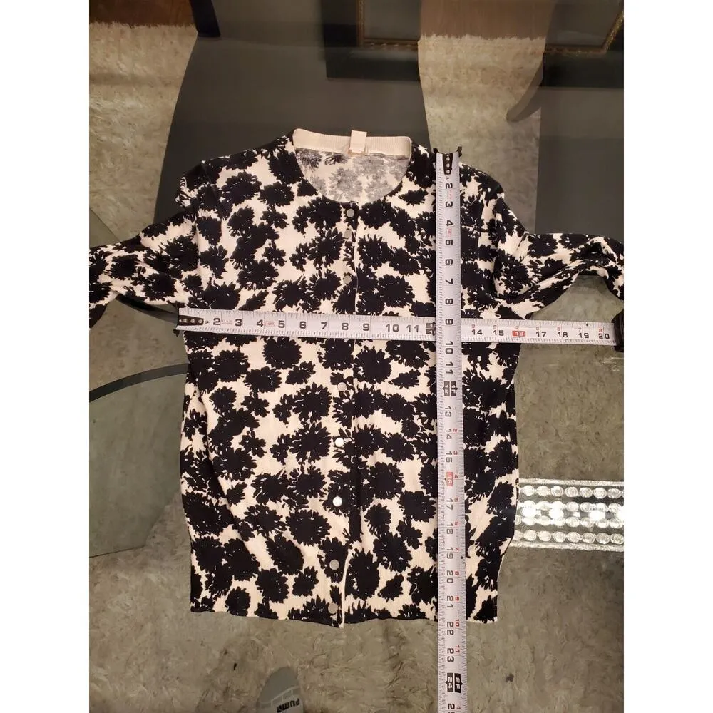 J.Crew Women Black White Floral Cotton Round Neck Long Sleeve Cardigan Sweater M - Image 6