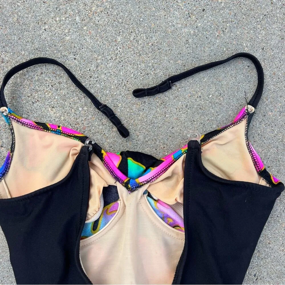 Vintage 80s 90s Tropical Neon One Piece Swimsuit The Slim Suit Underwire Size 8 Black Size M - Image 7