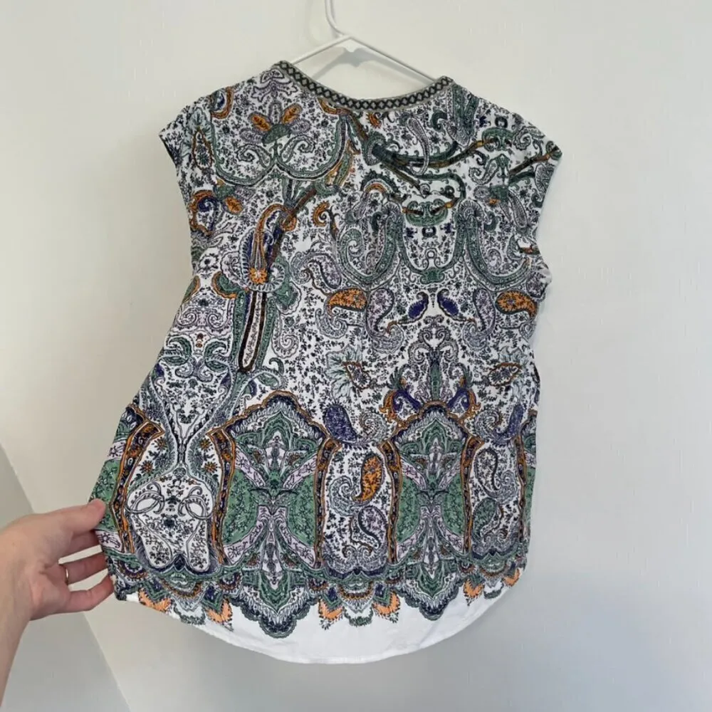 DANIEL RAINN White Navy Blue Paisley Embroidered Trim Tassel Tie Cap Sleeve Top - Image 14