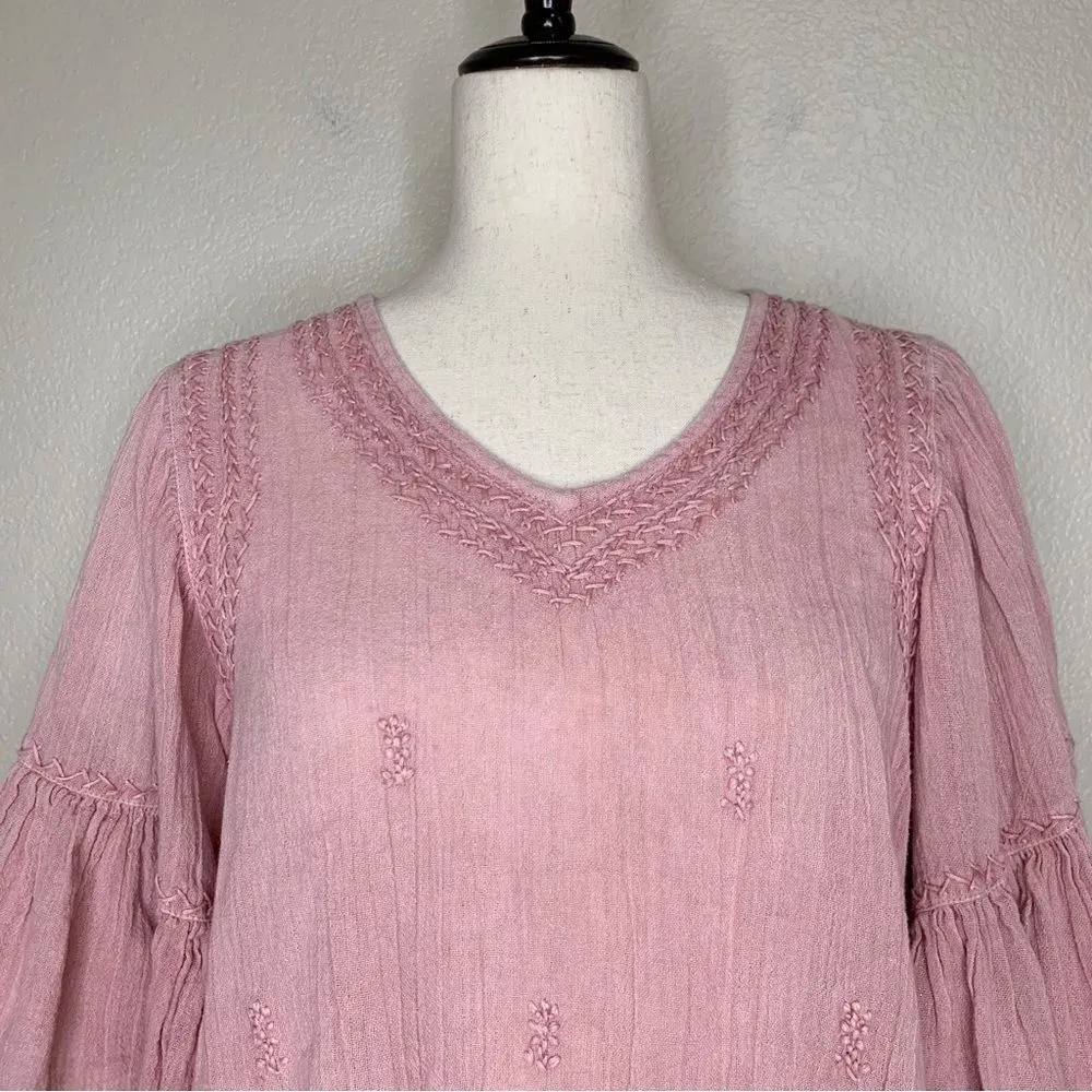 Rachel Zoe Boho Pink Embroidered Flared Sleeves Top - Image 3