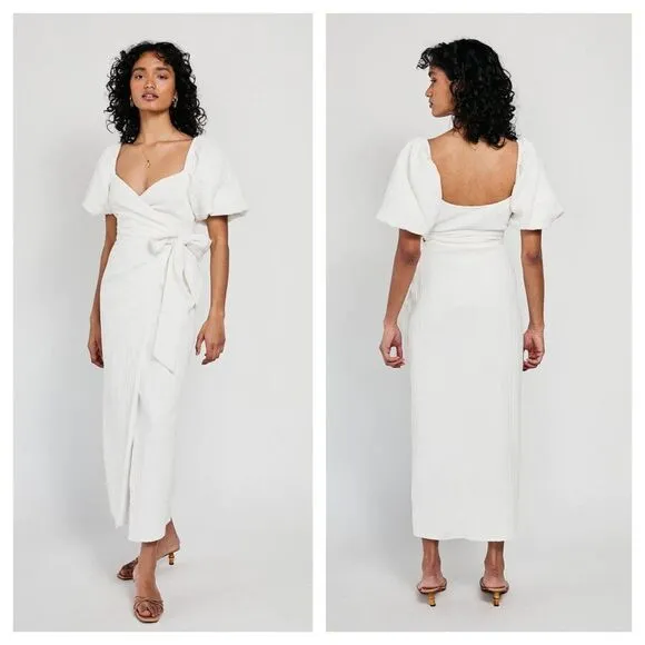 Sabo Cora Textured Cotton Puff Sleeve Midi Wrap Dress in White Size XS NEW - Image 2