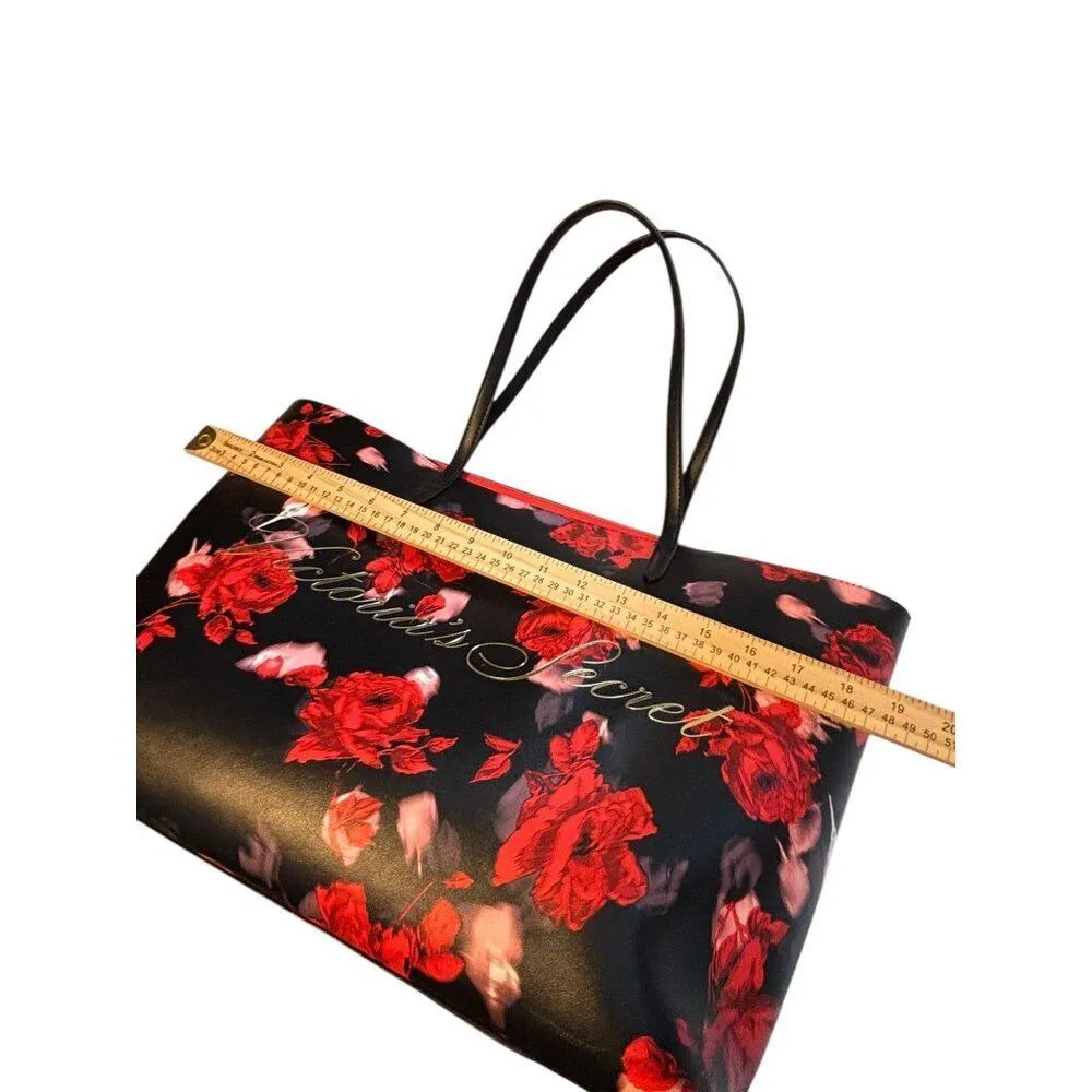 Victorias Secret Floral Tote Bag Large Black & Red Roses Design With Script Logo - Image 4