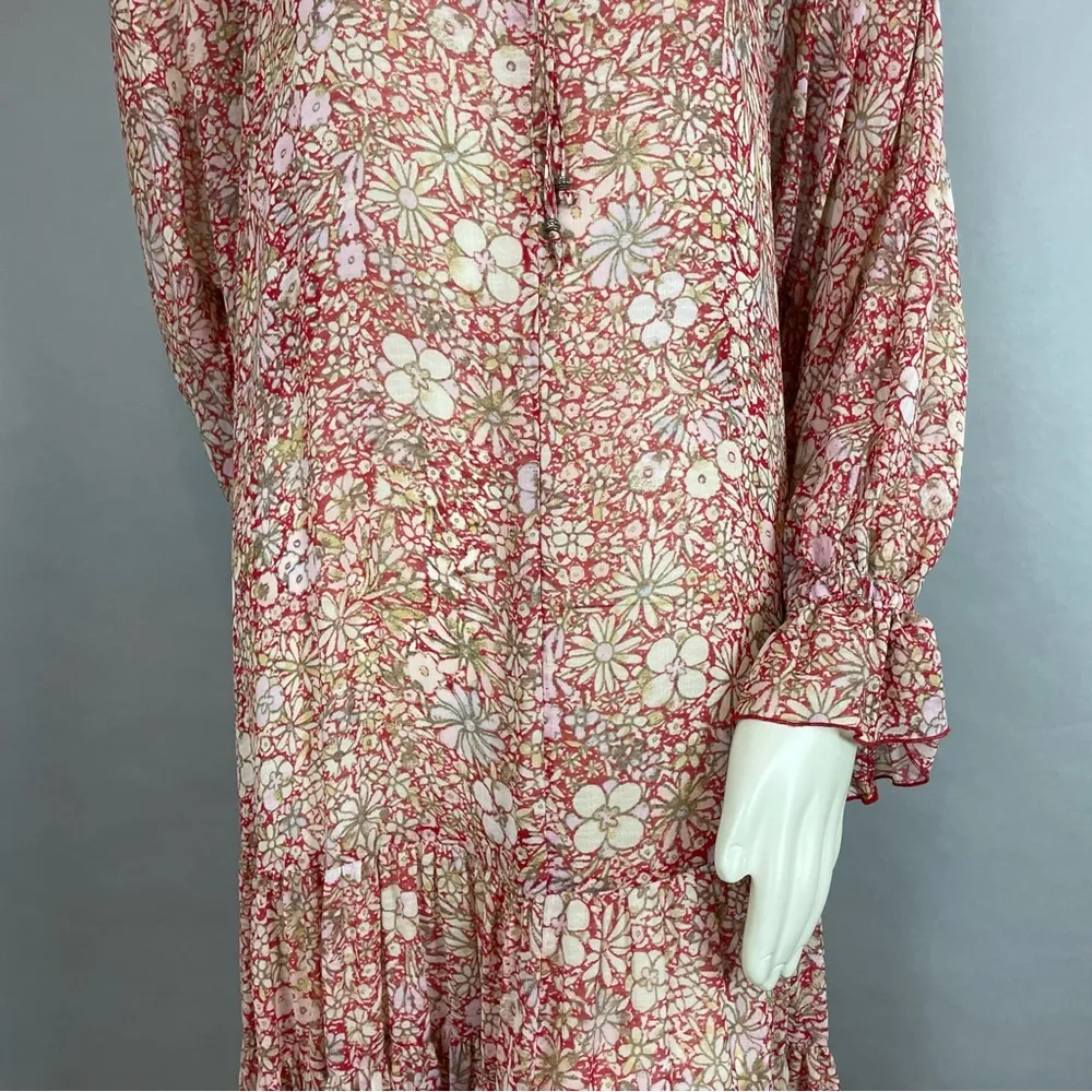 Free People Feeling Groovy Dress Floral Tiered Skirt Red Size Small Long Sleeves - Image 13