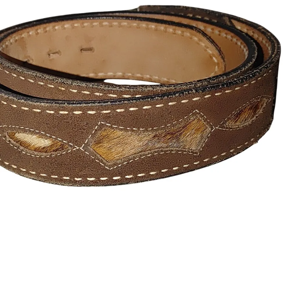 Vintage Justin Belt Western Leather Brown Deer Antler Buckle Size 28 Fur Inlay - Image 2