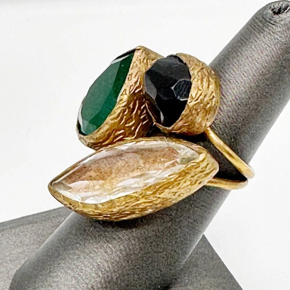 Triple Gemstone Cluster Cocktail Ring Statement Ring Brass - Image 4