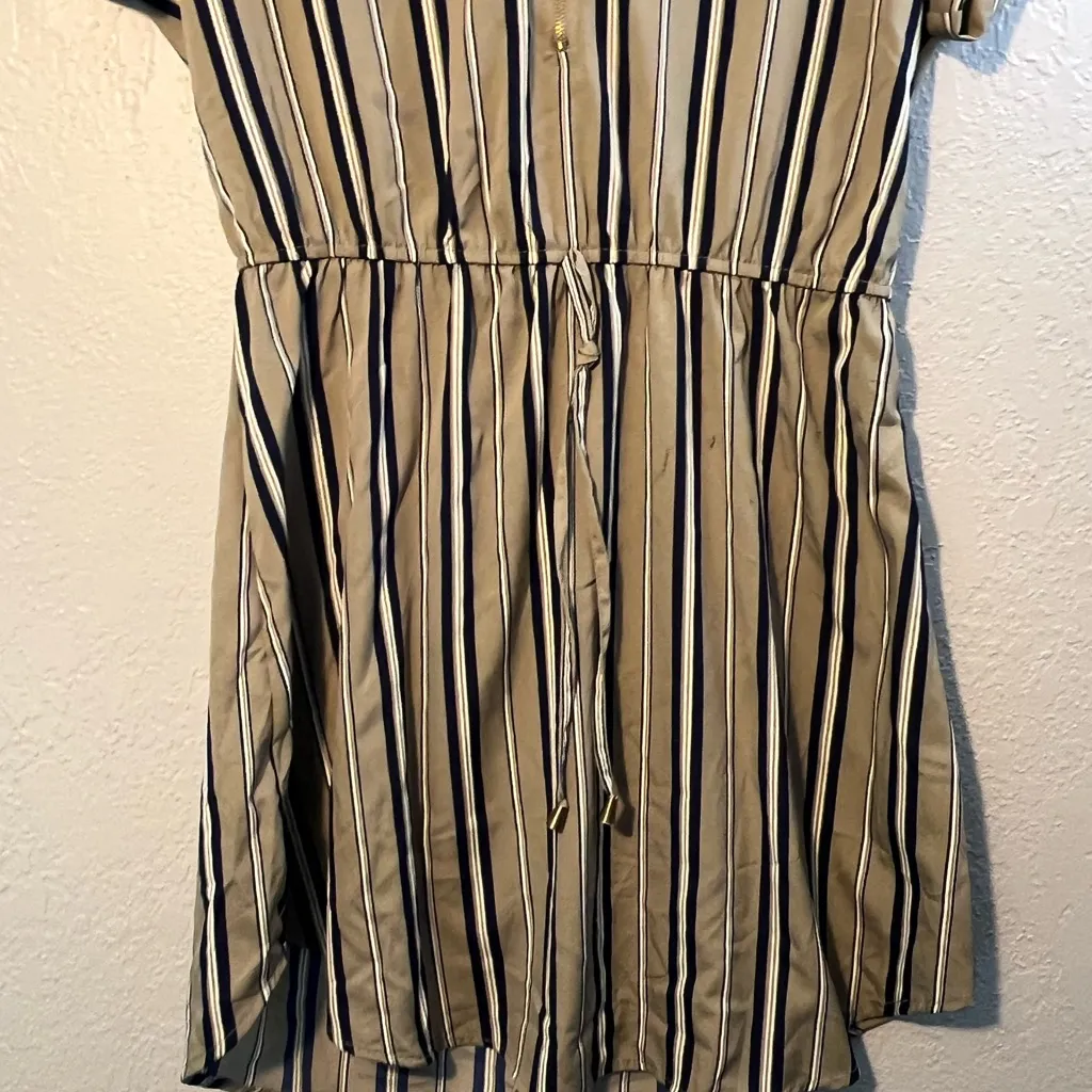 Faded Glory Tan and Brown Ruched Midi Sundress Striped 1/4 Zip V Neck SZ L - Image 2