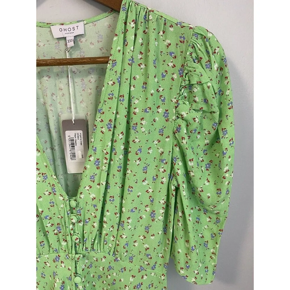 NWT Ghost London Angelina Dress Megan Meadow XXS Green Floral Print Crepe Midi - Image 7