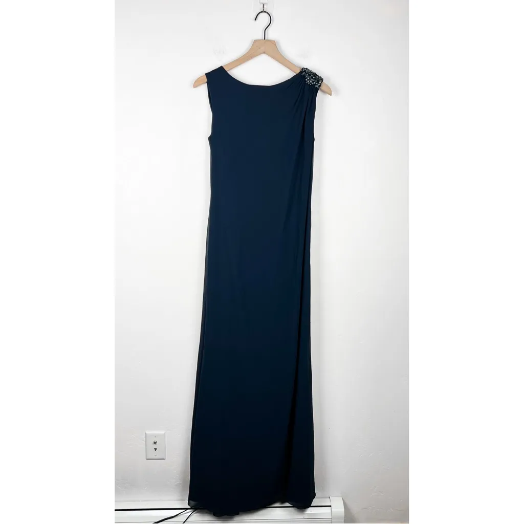 Tadashi Shoji Full Length Embellished Shoulder Open Back Gown Dress in Navy - Image 5