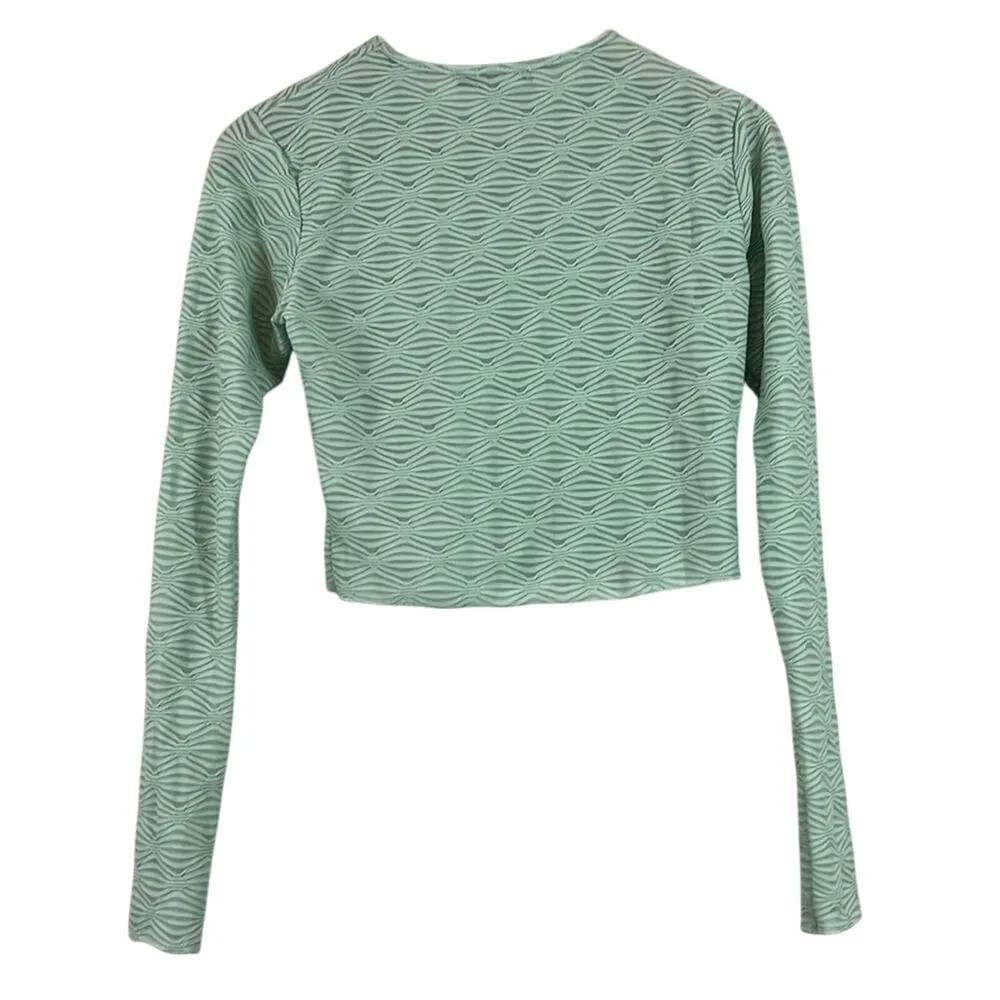 Pretty Little Thing Crop Top Womens 6 Sage Green Textured Long Sleeve Mesh Y2K - Image 5