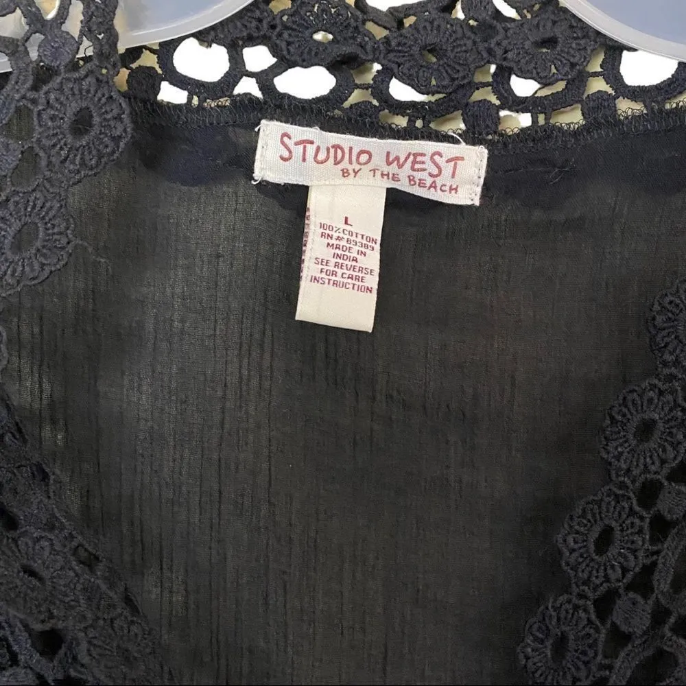 Studio West By The Beach Black Cotton Crochet Swimsuit Coverup Size Large - Image 3
