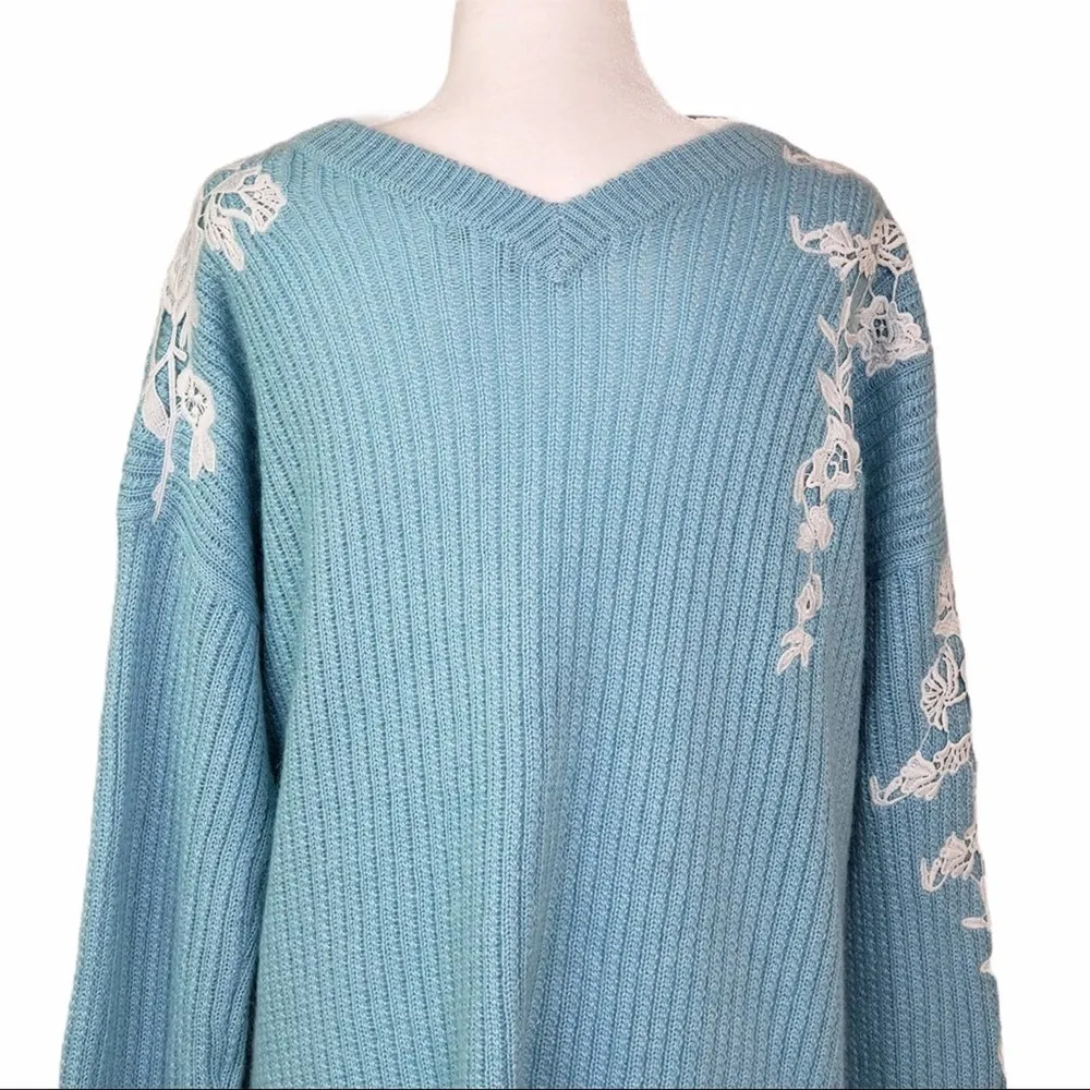 Lewit Silk Wool Mohair Lace Applique Tunic Sweater Teal Blue Size 1 (Large) NEW - Image 9