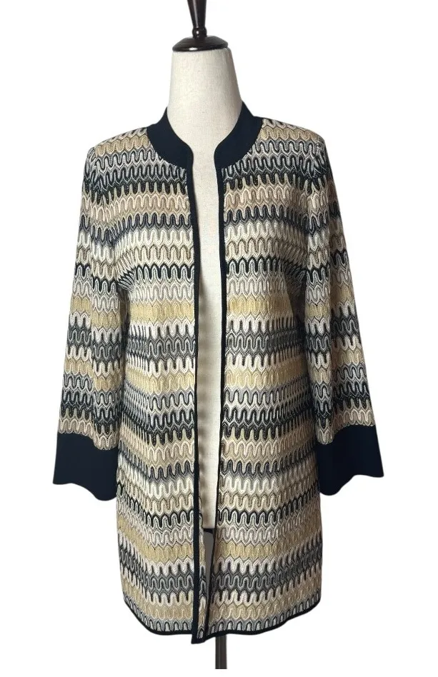 Misook Sweater Women XS Black Tan Knit Geometric Sparkle Open Long Line Cardigan - Image 1