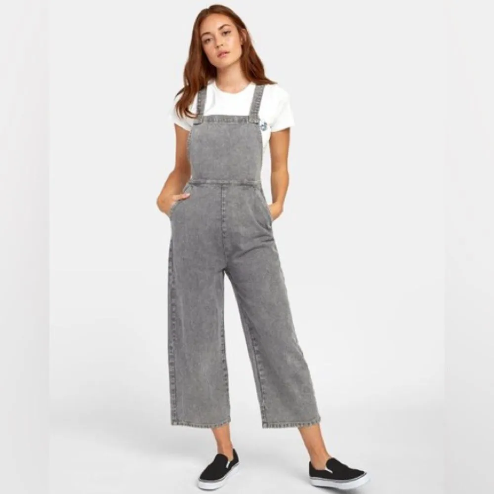 NEW RVCA Crystal Denim Overalls Gray Stripes Wide Leg Crop 100% Cotton Size M - Image 3