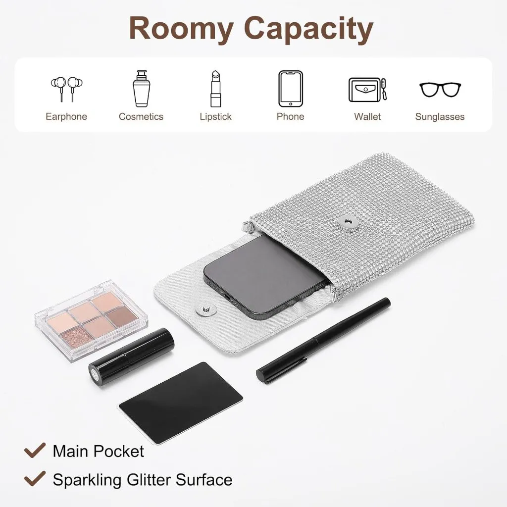 ⚡ Women's Rhinestone Crystal Evening Detachable Shoulder Crossbody Bag Silver - Image 5