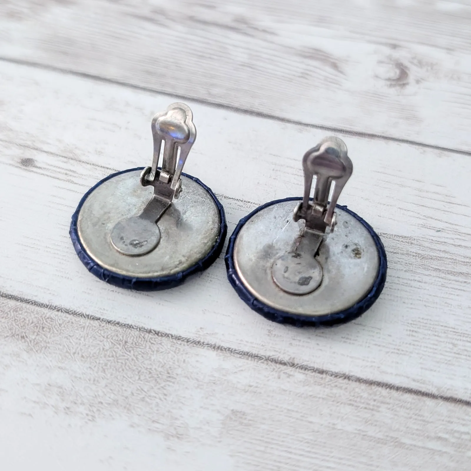 Vintage Clip On Earrings Dark Blue Scales Design 1 & 1/8" - Image 2