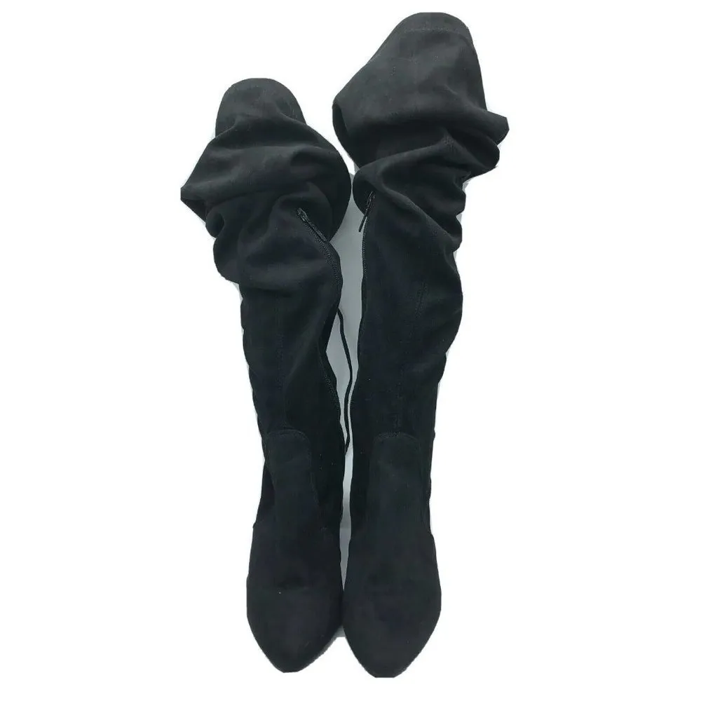 Breckelles Boots Knee High Faux Suede Slouchy Block Heel Pointed Toe Black 6.5 - Image 2