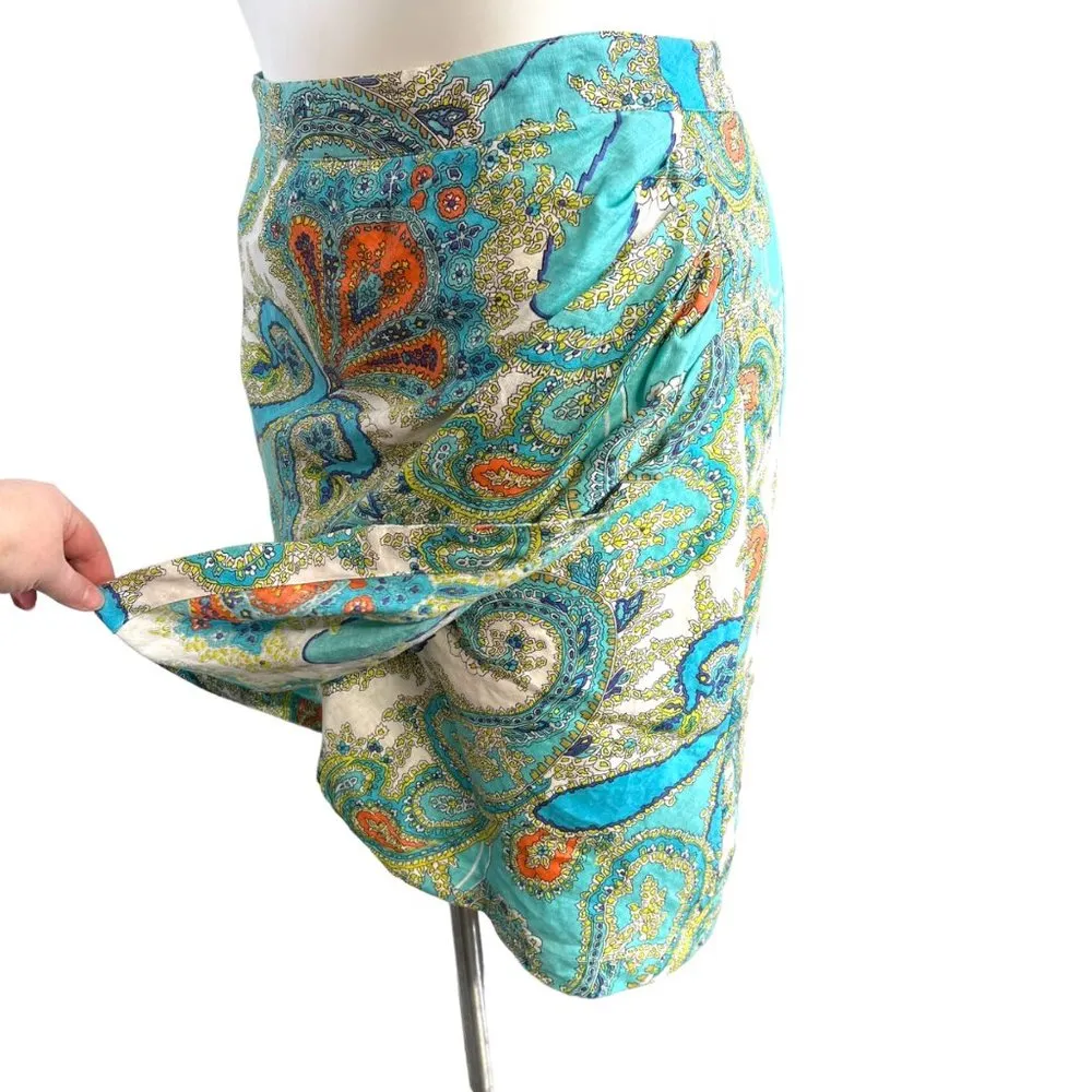 Sunny Leigh  Womens Paisley Print Tulip Hem Pleated Linen Skirt Teal Size 10 EUC - Image 8