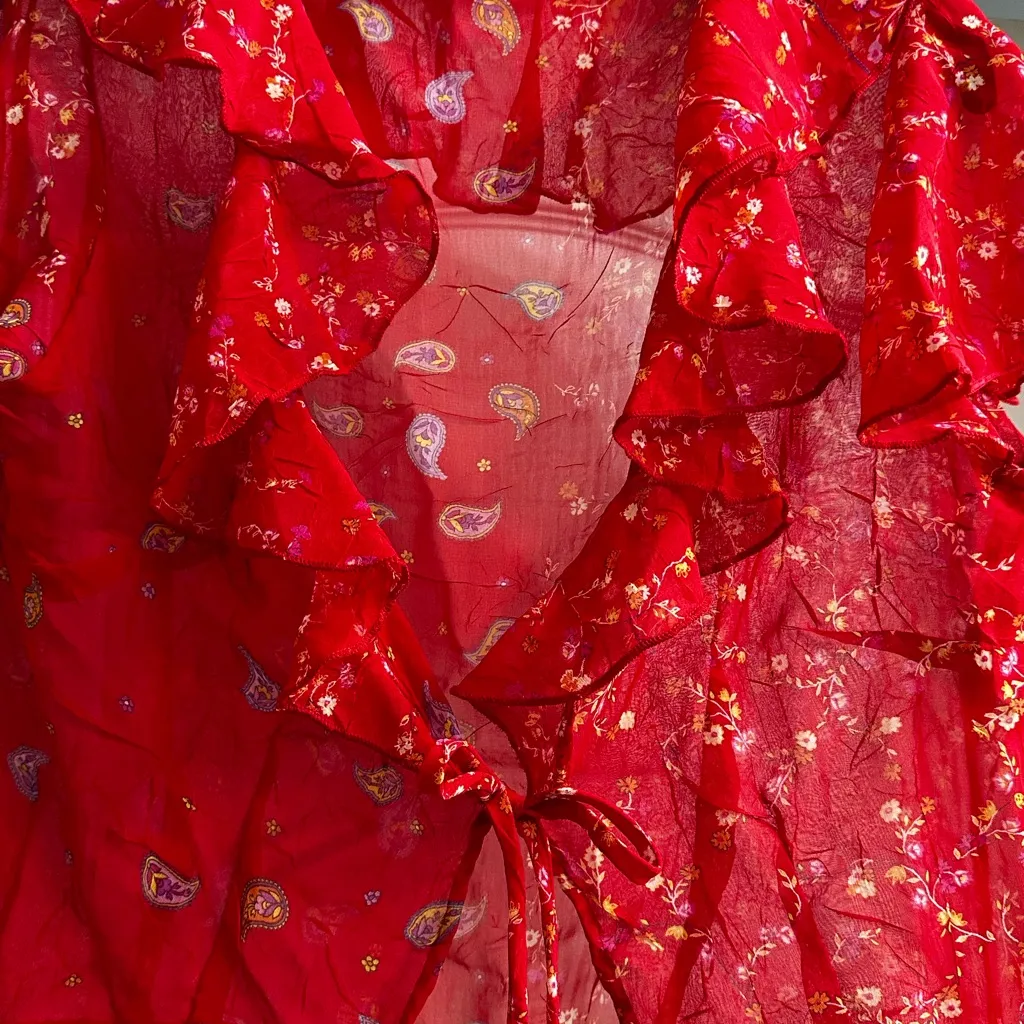 Vintage Frederick’s Of Hollywood Sheer Tie Front Top Red Paisley Boho Size L - Image 6