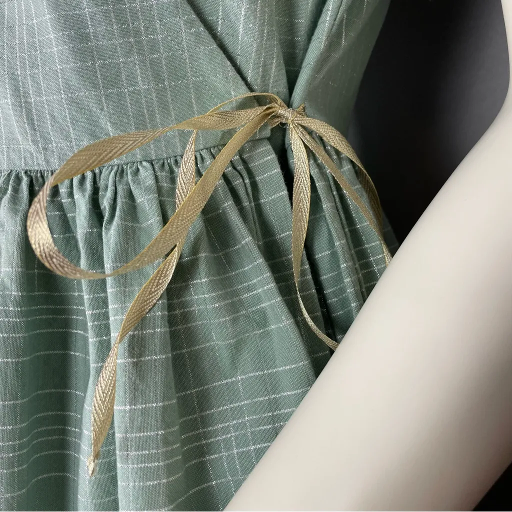 Handmade Wrap Dress Green Metallic Tulip Sleeves Twee Pockets Gathered Skirt - Image 7