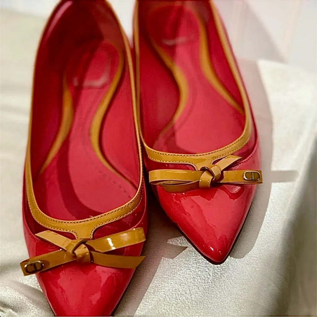 Christian Dior 38 US 7.5 Patent Leather Ballet Flats Bow Pointed Coral Pink‎ - Image 9