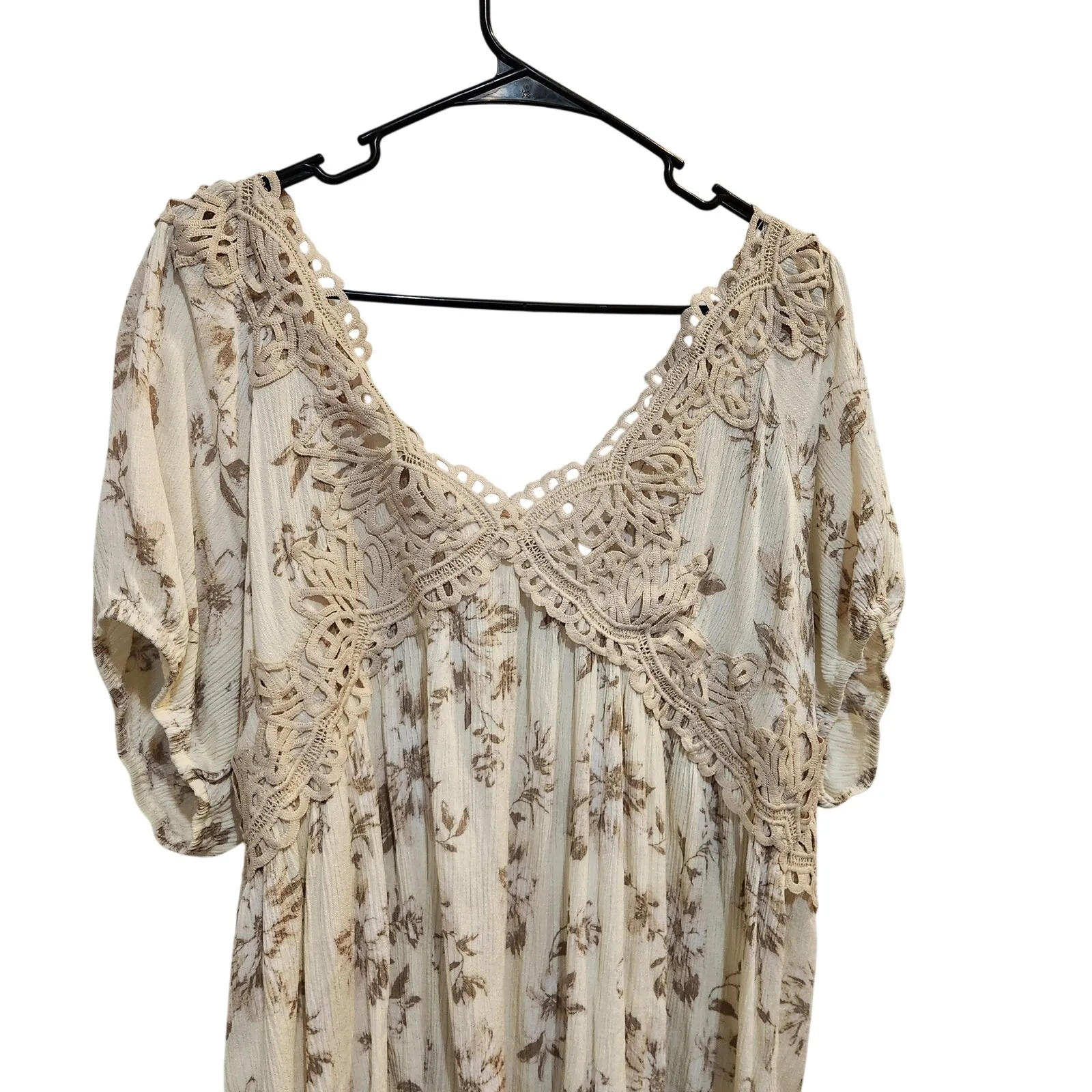 Oddi White Cream Short Sleeve Crochet Lace Hi-Low Boho Floral Tunic Blouse 2XL - Image 5