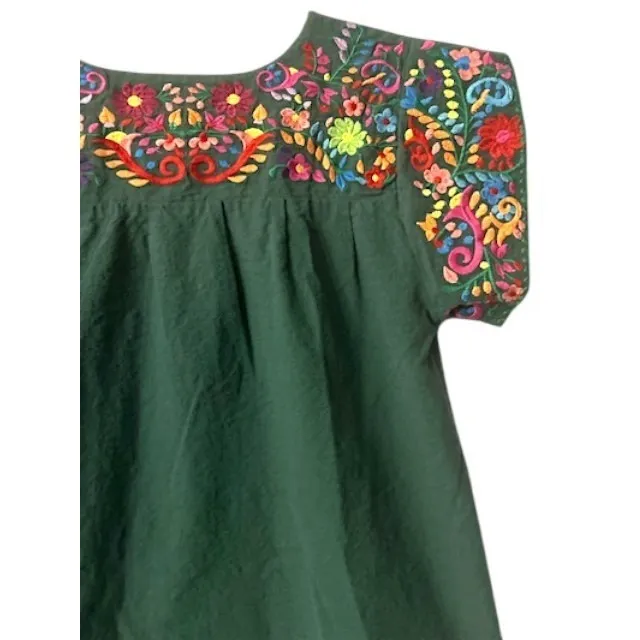 Mexican Embroidered Top S Green Puff Sleeve 100% Cotton Traditional Fiesta Artsy - Image 11