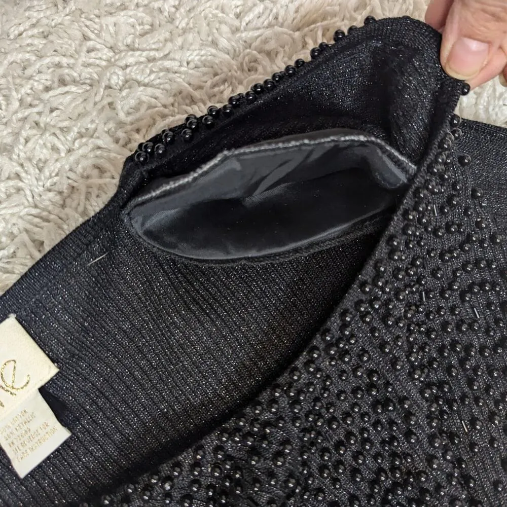 Y2K Cache Scoop Neck Rib Knit Beaded Metallic Sweater Black - Image 7