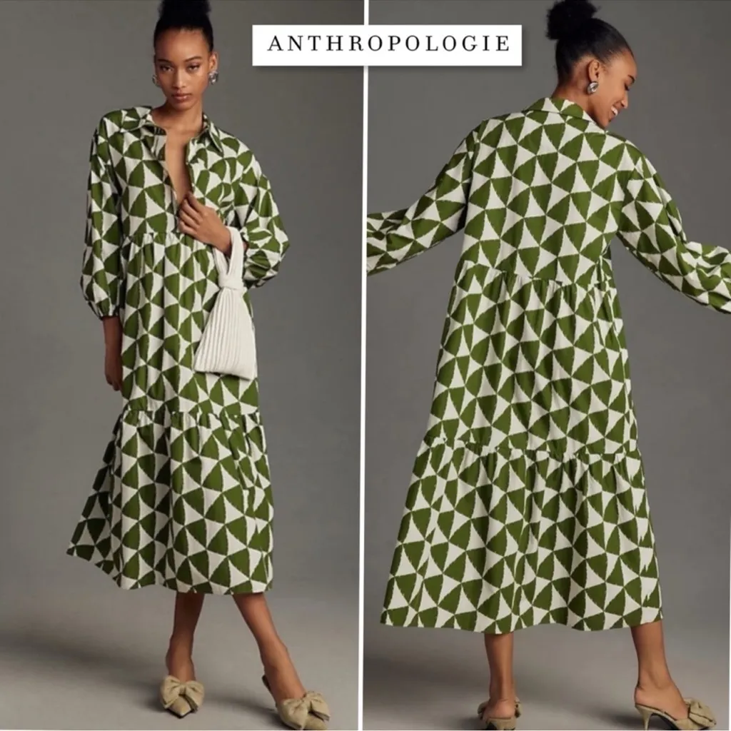 Maeve by Anthropologie The Bettina Tiered Shirt Dress Green & White Triangles XS - Image 2