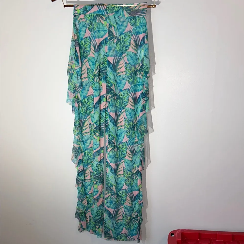 Tropical Print Women Swim Coverup Pants‎ Stretchy Sheer L Green Size L - Image 2