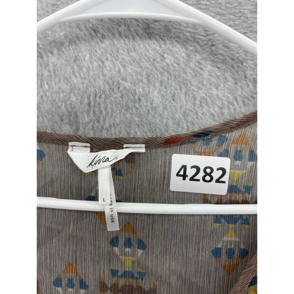 Kirra Women's Blouse Tie Front Brown Taupe Tribal Sheer Size Large - Image 12