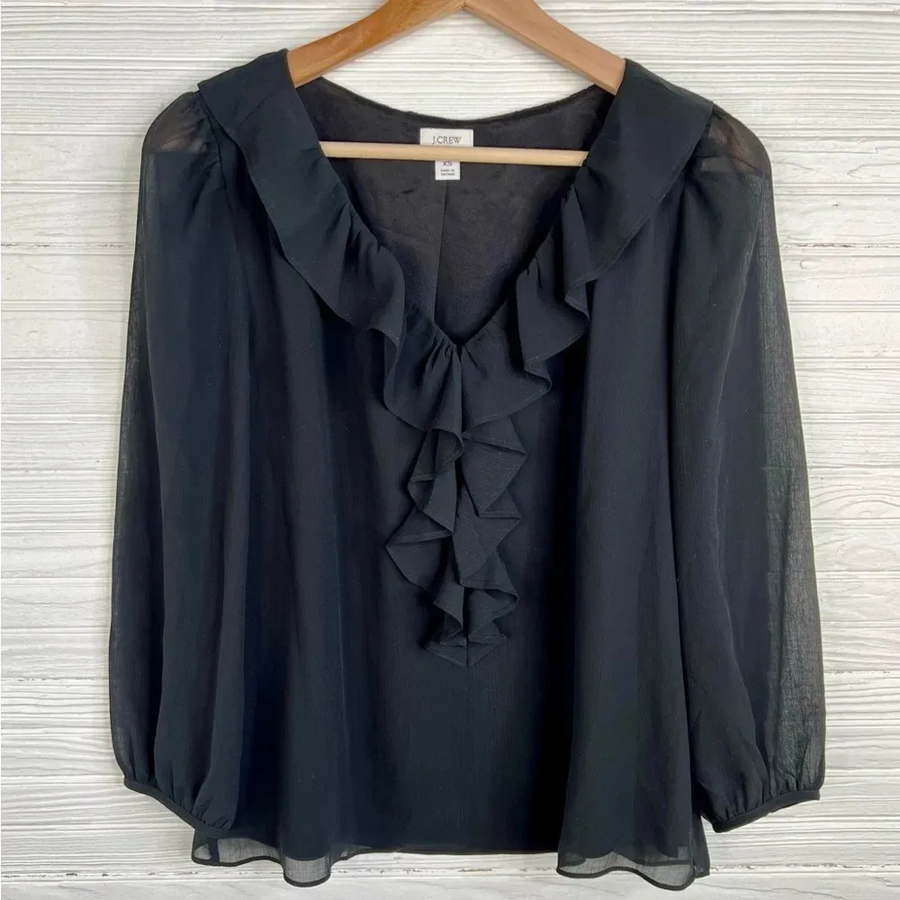 J. Crew Factory Black Semi Sheer Ruffle Detail Top Size XS - Image 2