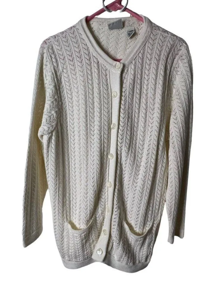 Classic Elements Vintage Women Button Front Cardigan Sweater Large Chevron Knit - Image 1