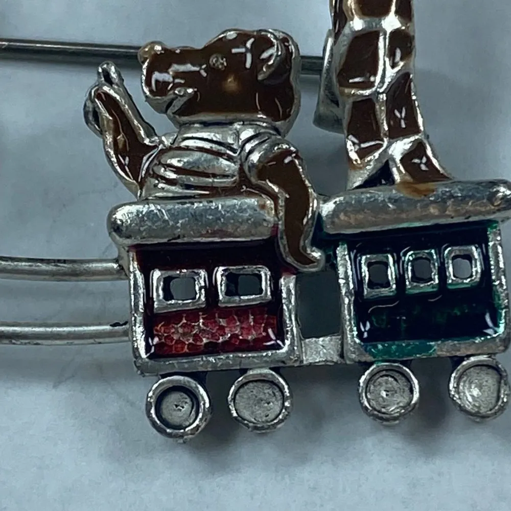 Locomotive Circus Train Pin Brooch Elephant Bear or Dog Giraffe Silver Tone - Image 13