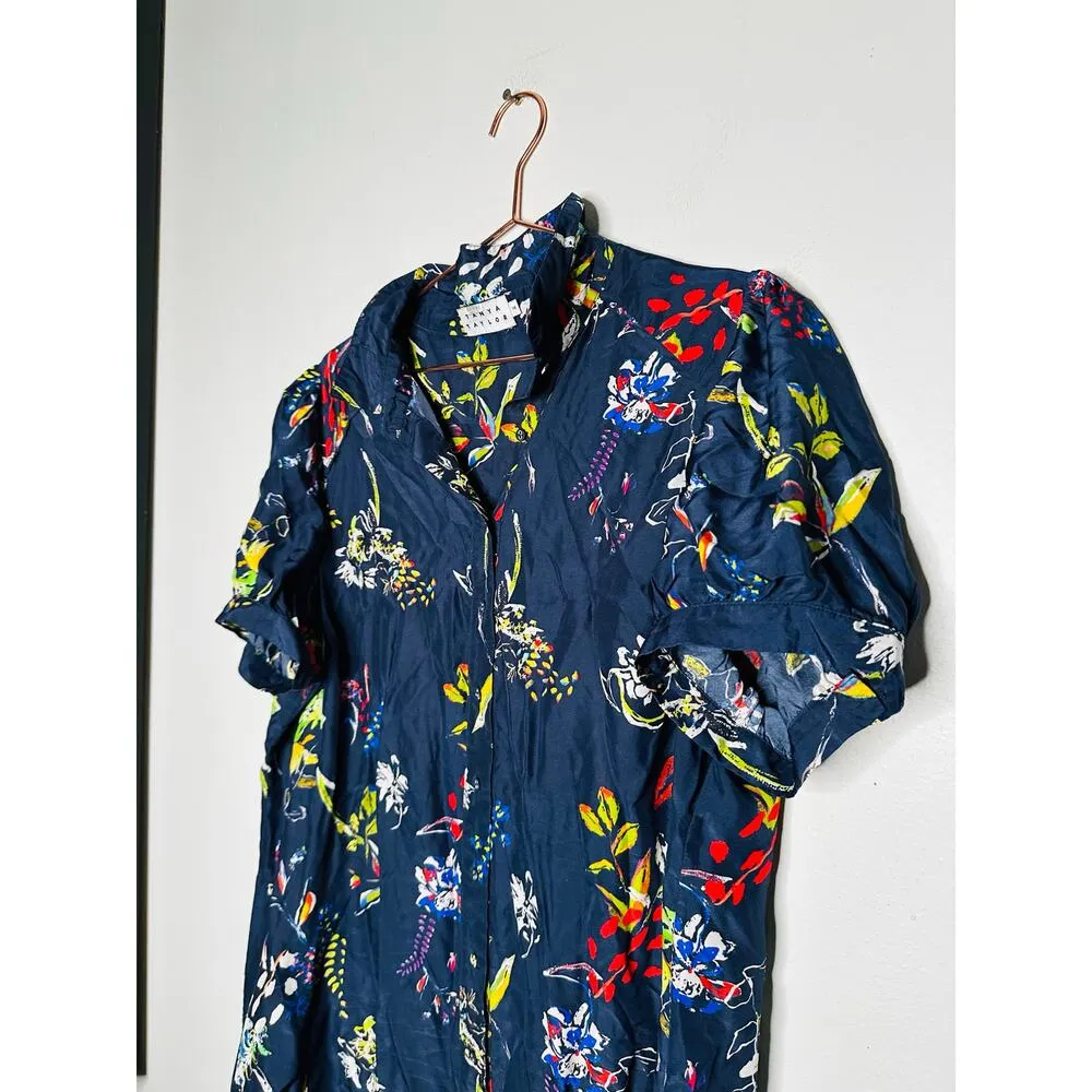 TANYA TAYLOR Navy Printed Floral Button Up Collared Aliciana Shirt Dress Size 14 - Image 7