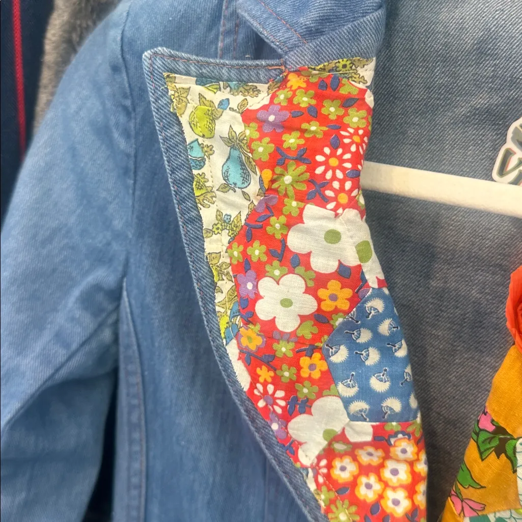 70s denim jacket embellished with quilt fabric Blue Size XS - Image 6