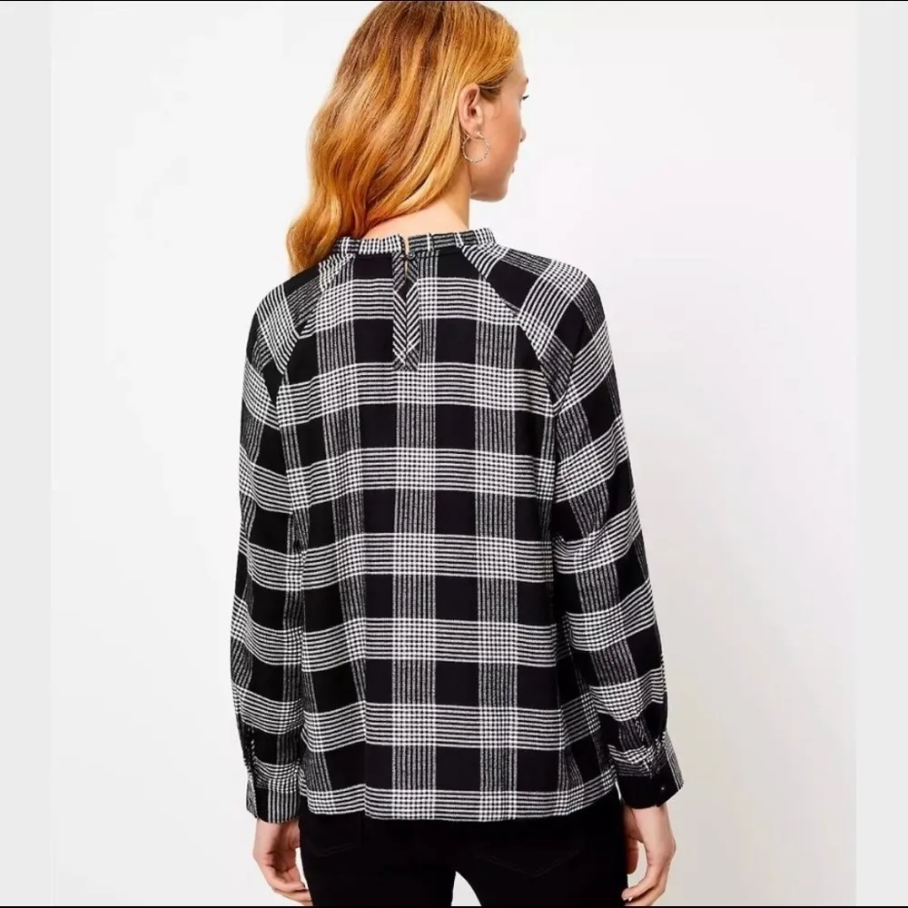 Black and White Plaid Pleated Ruffle Neck Blouse - Image 2