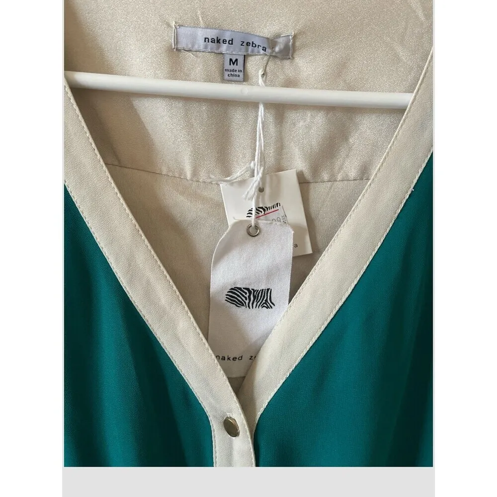 Naked Zebra Womens Shirt Dress Sz M V-Neck Roll Tab Sleeve Drawstring Waist NWT - Image 4