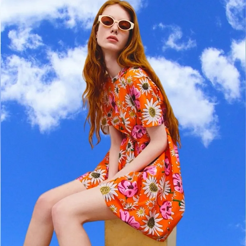 $60 NWOT Zara 100% Cotton Orange Floral Babydoll Dress S - Image 3