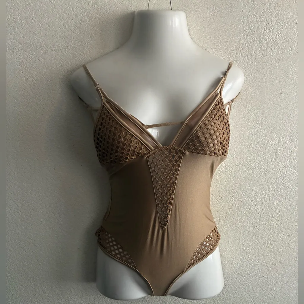 Windsor Tan Mesh Cut Outs One-Piece Bodysuit S - Image 2