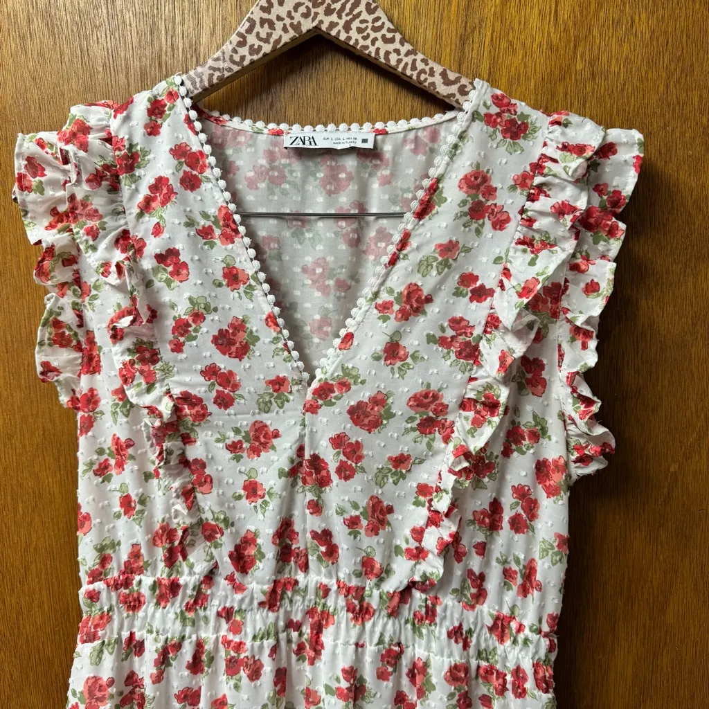 Zara Sleeveless Ruffle Swiss Dot Floral Print Long Midi Dress White Large L - Image 7