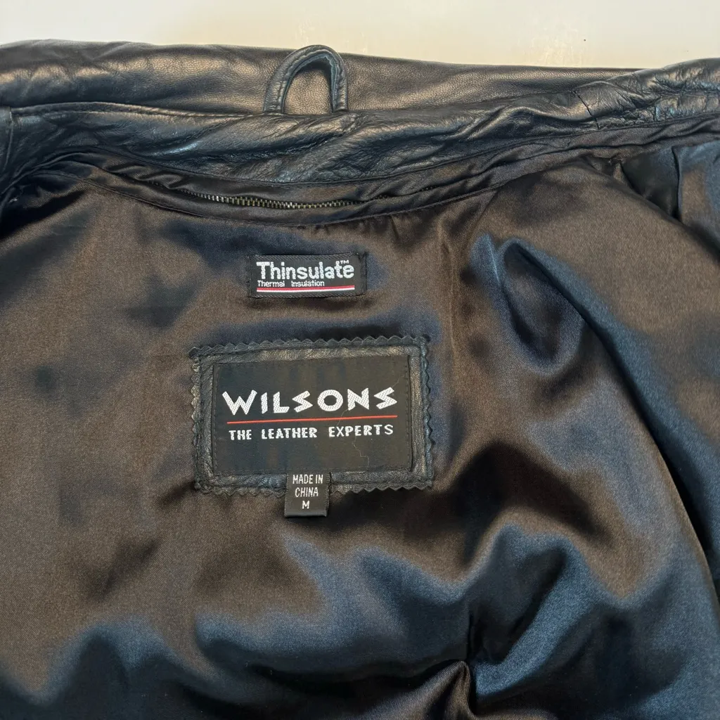 Wilsons Black Leather Jacket Medium Tie Waist Full Zip Front Thinsulate Liner - Image 10