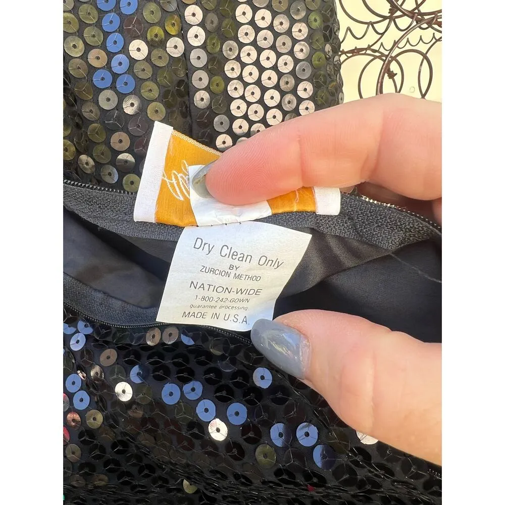 Vintage 80s Alyce Designs Green Black Sequin Ruffle Prom Ball Gown Mardi Gras XS - Image 8