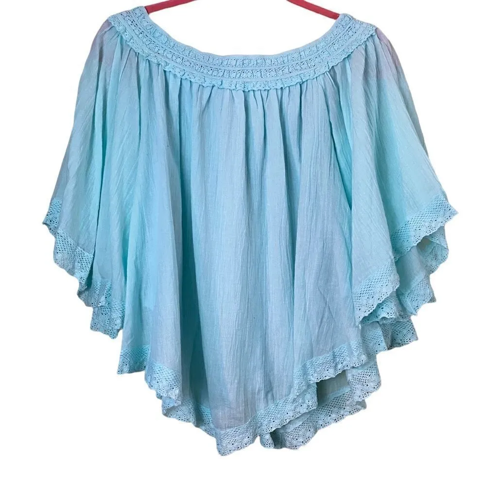 Free The Roses Boho Off The Shoulder Bat Wing Top Size S/M Blue - Image 6