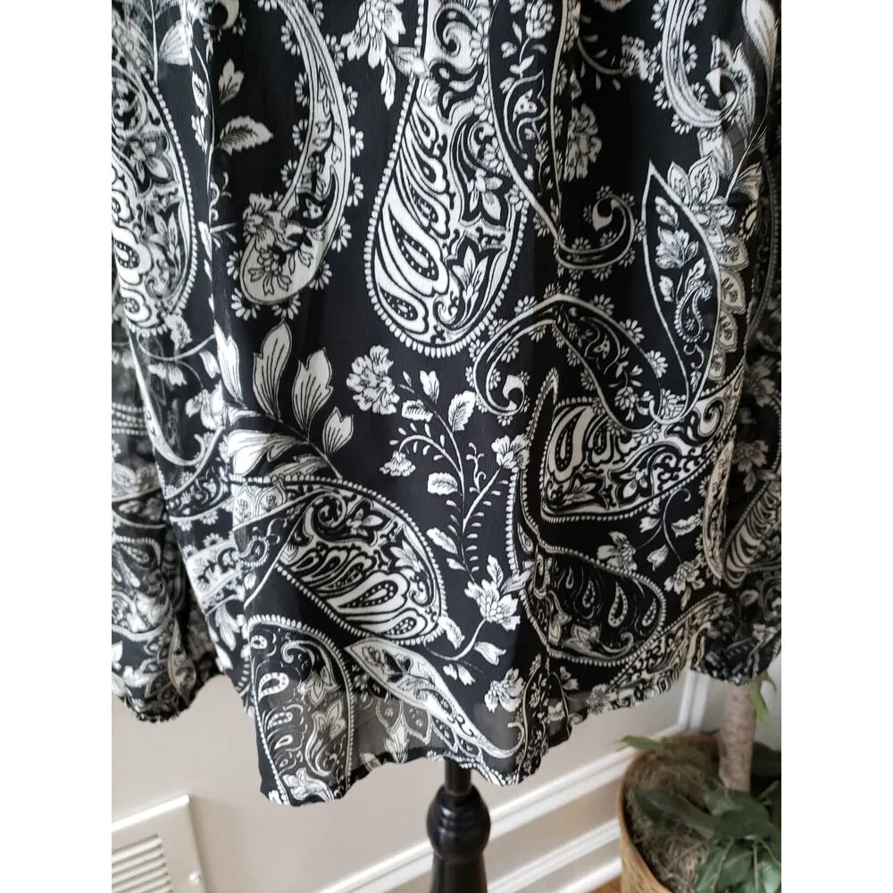 ANA Blouse Women L Black White Paisley Long Sleeve High Neck Boho Peasant Top - Image 3