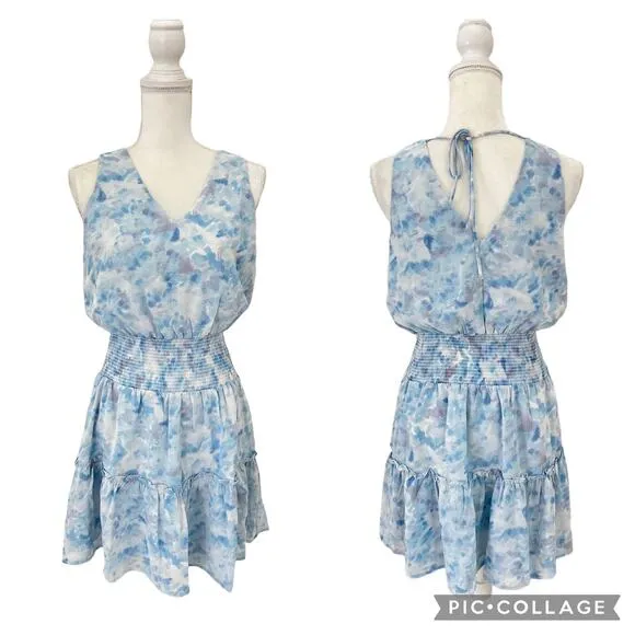 KLD Signature Blue Watercolor Sleeveless Smocked Mini Dress V Neck Size Medium - Image 2