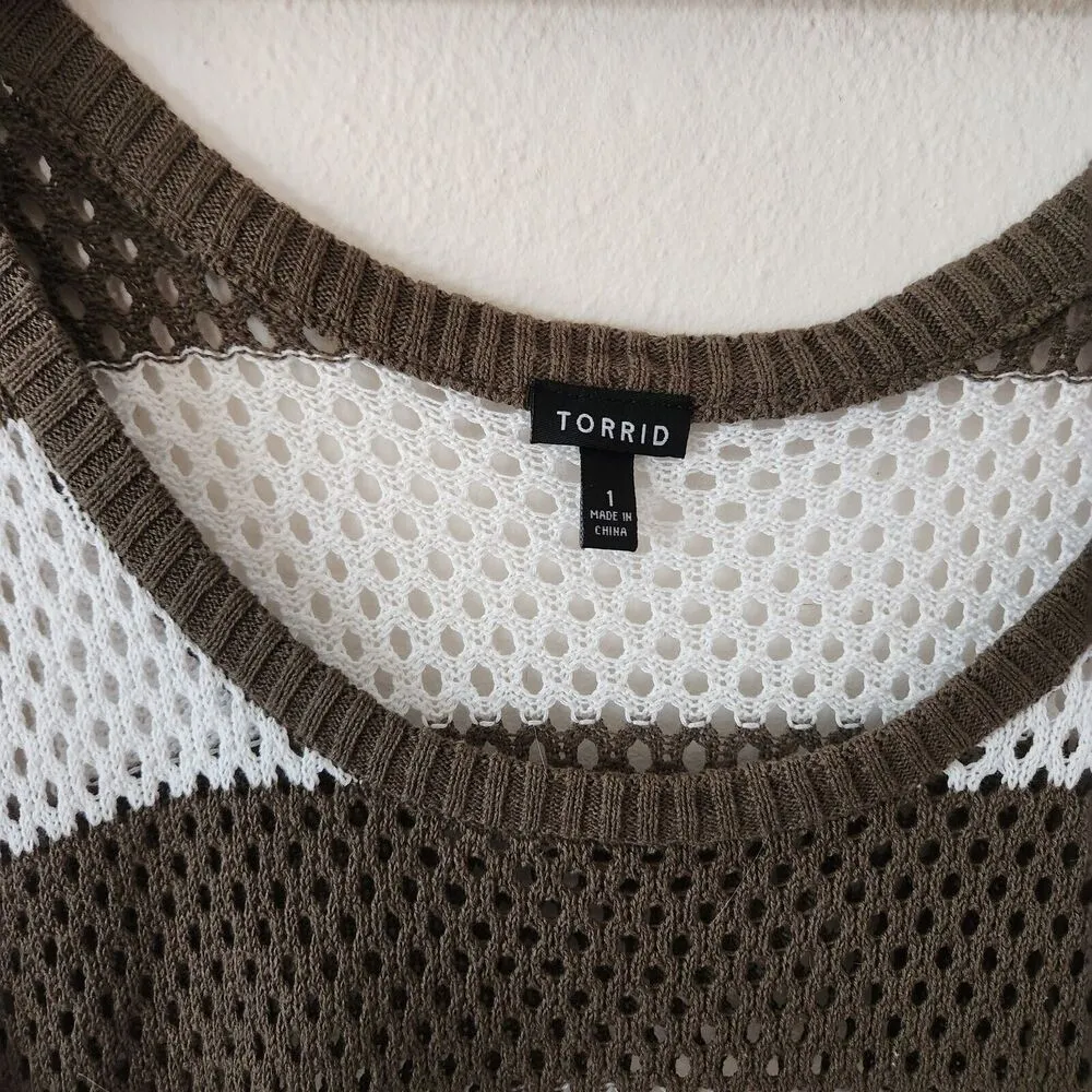 Torrid Green White Striped Dolman Open Weave Blouse Knit Crochet Sweater Top 1X - Image 3