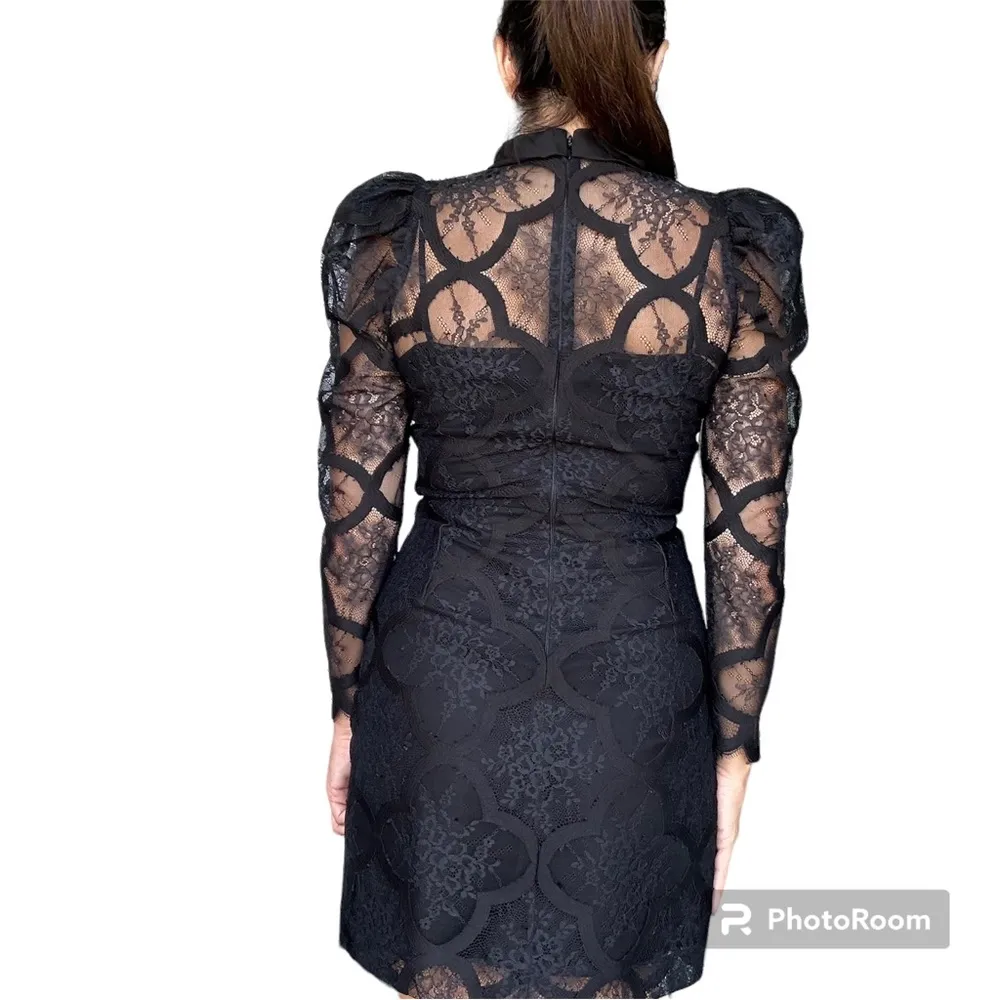 Paris “Coeur” black lace high neck mini long sleeve dress S 38EU=4/6 US - Image 5
