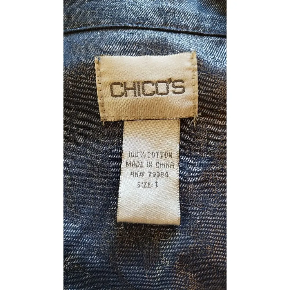 Chicos Women's Blue Floral Metallic Shimer Roll Tab Sleeve Jacket Size 1 - Image 10