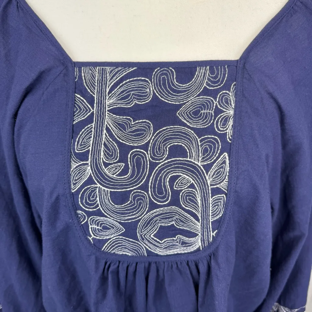 Rain Blue Cotton Peasant Top Balloon Sleeve Embroidered Yoke Boho Folk Artisan M Size M - Image 3