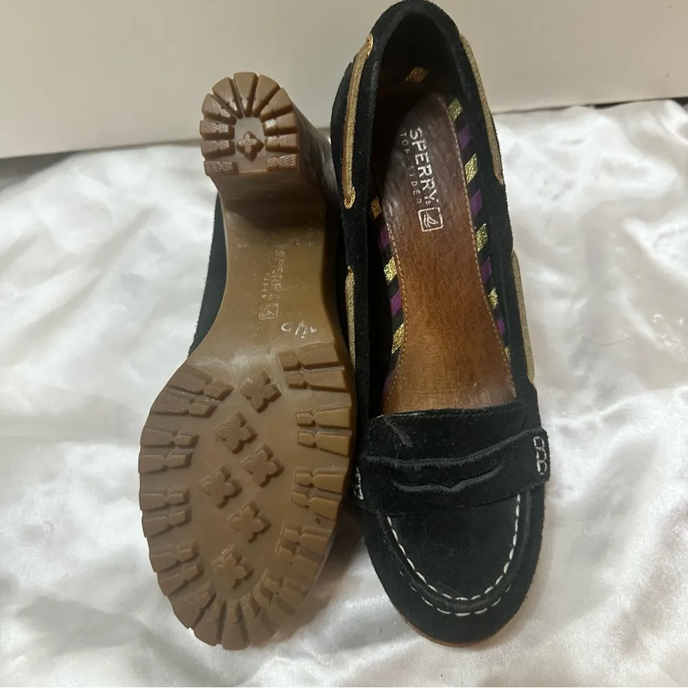 Sperry Topsider Women's Black Heeled Suede Leather Loafers Black 6.5M - Image 5